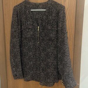 Express Half Zip Chest Pockets Dot Blouse Black and White-Medium